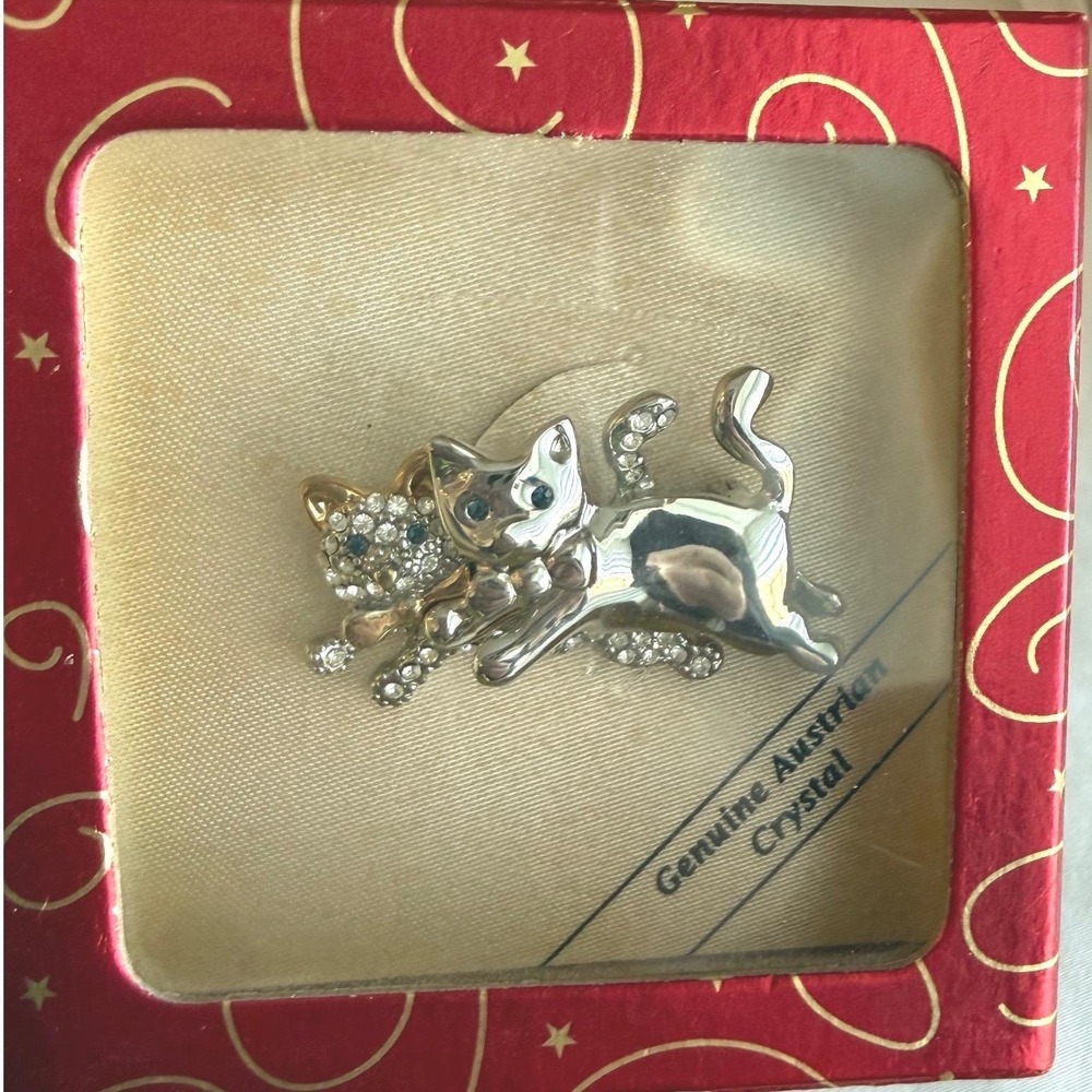Vintage Austrian Crystal Cat Brooch Rhinestone Kitten Pin Silver Gold Tone